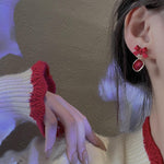 Korean Fashion Red Bow Big Crystal Stud Earrings
