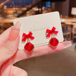 Korean Fashion Red Bow Big Crystal Stud Earrings