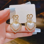 Gold-Toned Double Heart Pearl & Rhinestone Drop Earrings