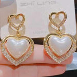 Gold-Toned Double Heart Pearl & Rhinestone Drop Earrings