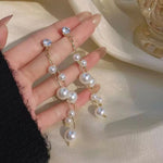 Gold-Toned Long Pearl Tassel Drop Earrings for Women