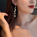 Gold-Toned Long Pearl Tassel Drop Earrings for Women