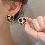 Black Rose Heart Stud Earrings – Gold-Toned Floral Statement Studs