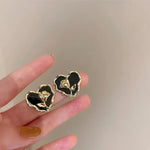 Black Rose Heart Stud Earrings – Gold-Toned Floral Statement Studs