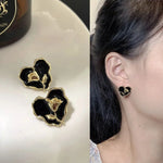 Black Rose Heart Stud Earrings – Gold-Toned Floral Statement Studs