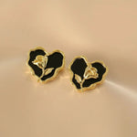 Black Rose Heart Stud Earrings – Gold-Toned Floral Statement Studs