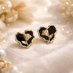 Black Rose Heart Stud Earrings – Gold-Toned Floral Statement Studs