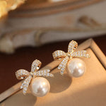 Rhinestone Bow & Pearl Drop Ear Studs for Women