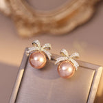 Rhinestone Bow & Pearl Drop Ear Studs for Women