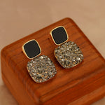 Black Enamel & Pavé Zircon Square Drop Earrings for Women | Gold-Toned Party Wear