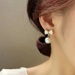 Gold-Toned White Bow & Pearl Drop Earrings for Women — Anti Tarnish