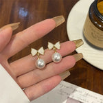 Gold-Toned White Bow & Pearl Drop Earrings for Women — Anti Tarnish