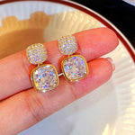 Pavé Stud & Cushion Crystal Square Drop Earrings for Women | Gold-Toned Luxury Style