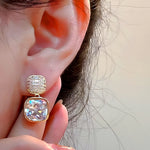Pavé Stud & Cushion Crystal Square Drop Earrings for Women | Gold-Toned Luxury Style