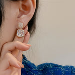 Pavé Stud & Cushion Crystal Square Drop Earrings for Women | Gold-Toned Luxury Style