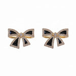 Black Crystal Pavé Bow Stud Earrings with Gold-Tone Frame for Women
