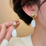 Gold-Tone Ribbed Dome & White Enamel Stone Drop Earrings for Women