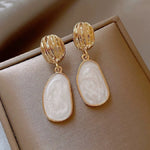 Gold-Tone Ribbed Dome & White Enamel Stone Drop Earrings for Women