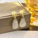 Gold-Tone Ribbed Dome & White Enamel Stone Drop Earrings for Women