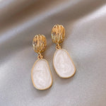 Gold-Tone Ribbed Dome & White Enamel Stone Drop Earrings for Women