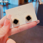 Black Stone Crystal-Paved Square Stud Earrings
