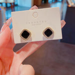 Black Stone Crystal-Paved Square Stud Earrings