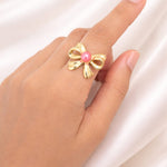 Gold Bow Pink Pearl Ring