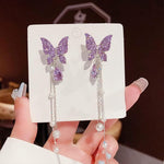 Purple Crystal Butterfly & Pearl Tassel Drop Earrings for Women