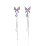 Purple Crystal Butterfly & Pearl Tassel Drop Earrings for Women