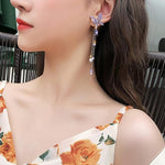Purple Crystal Butterfly & Pearl Tassel Drop Earrings for Women