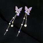 Purple Crystal Butterfly & Pearl Tassel Drop Earrings for Women