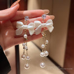 Long Pearl Tassel Bow Drop Earrings for Women