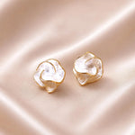 White Shell Flower Petal Stud Earrings with Gold-Tone Edge for Women