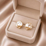 White Shell Flower Petal Stud Earrings with Gold-Tone Edge for Women