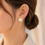 White Shell Flower Petal Stud Earrings with Gold-Tone Edge for Women