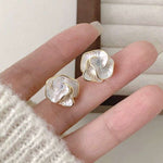 White Shell Flower Petal Stud Earrings with Gold-Tone Edge for Women