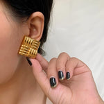 Gold-Toned Woven Square Stud Earrings for Women