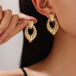 Gold-Toned Ribbed Oval Drop Earrings