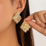 Gold-Toned Textured Square Stud Earrings – Chunky Hammered Geometric Studs