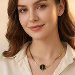 Black Enamel Circle Pendant Herringbone Chain Necklace