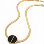 Black Enamel Circle Pendant Herringbone Chain Necklace