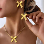 Stainless Steel Bow Design Earrings & Necklace Combo Set