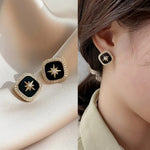 Black Enamel North Star Rhinestone Border Ear Studs for Women