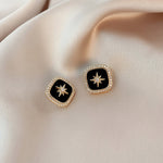 Black Enamel North Star Rhinestone Border Ear Studs for Women