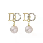 Crystal Letter Pearl Drop Stud Earrings
