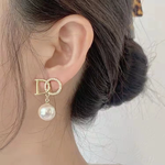 Crystal Letter Pearl Drop Stud Earrings