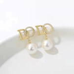Crystal Letter Pearl Drop Stud Earrings