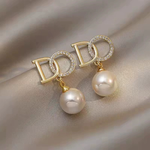 Crystal Letter Pearl Drop Stud Earrings