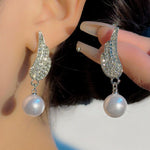 Silver-Toned Angel Wing Crystal & Pearl Drop Earrings