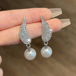 Silver-Toned Angel Wing Crystal & Pearl Drop Earrings